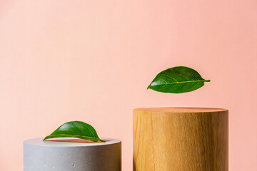 Green leaves on wooden cylinders against a pink background in studio shot