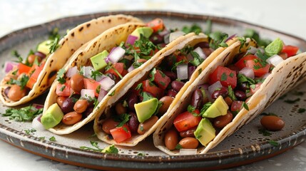Close view of tacos with beans tomatoes and avocado slices