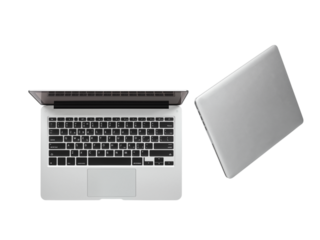 Modern silver laptop open with keyboard and trackpad next to closed lid isolated on transparent background