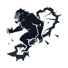 Silhouette of Ambitious Startup Ape Breaking Through Wall, Symbolizing Innovation, Success, Determination, Entrepreneurship, Motivation, Business Growth, and Creative Achievement