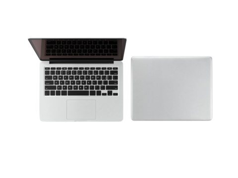 Modern silver laptop open with keyboard visible and closed lid beside it isolated on transparent background