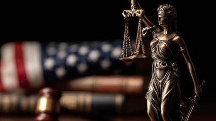 Statue of Justice holding scales and sword stands on wooden table with Gavel and United States flag in background