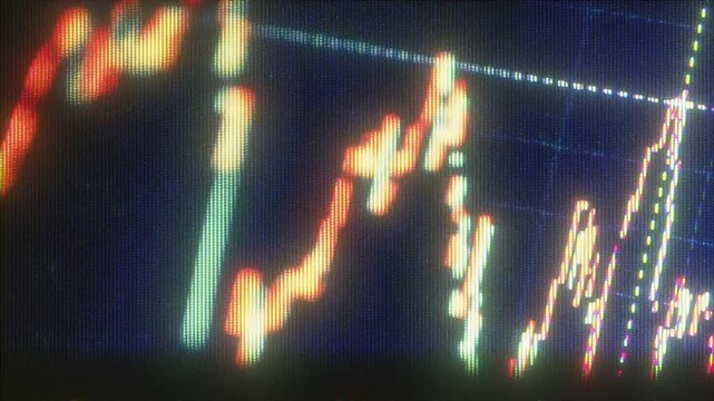4K Cyberpunk trading graph with glitch distortion and CRT screen flicker for financial motion graphics, dystopian fintech dashboards, corrupted market overlays