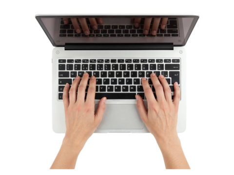 Overhead view of a person s hands typing on a modern laptop keyboard with the screen open isolated on transparent background