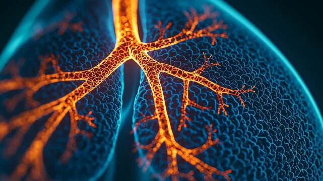 A vibrant, close-up view of lung structures and bronchi.