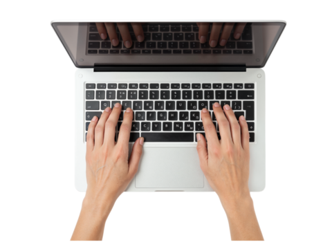 Overhead view of a person s hands typing on a modern silver laptop keyboard with the screen open isolated on transparent background