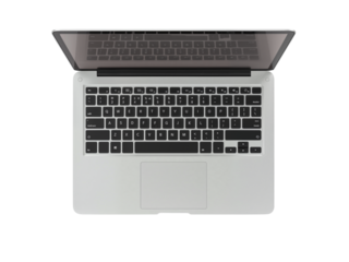 Modern silver laptop computer with open screen and keyboard viewed from directly above isolated on transparent background
