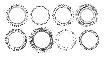 Set Round frames linear doodles. Vintage. Curls, waves, stripes, dots. Set of frames for design.