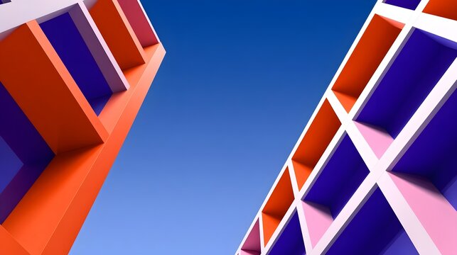 Vibrant abstract architectural composition against a clear blue sky.