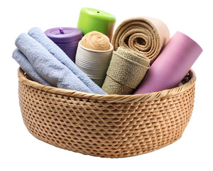 A woven basket filled with rolled towels, a candle, and other spa accessories, isolated on transparent background