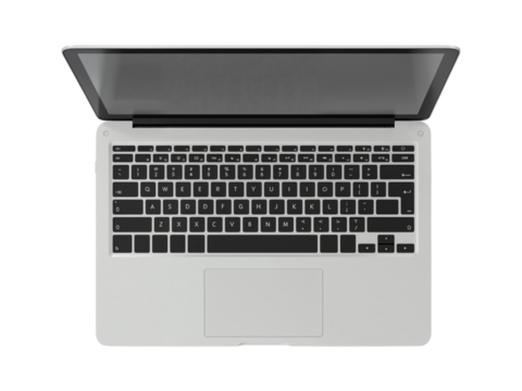 Modern silver laptop computer with open lid viewed from directly above isolated on transparent background