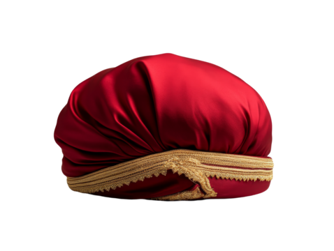 Red silk turban with gold trim and traditional design elements