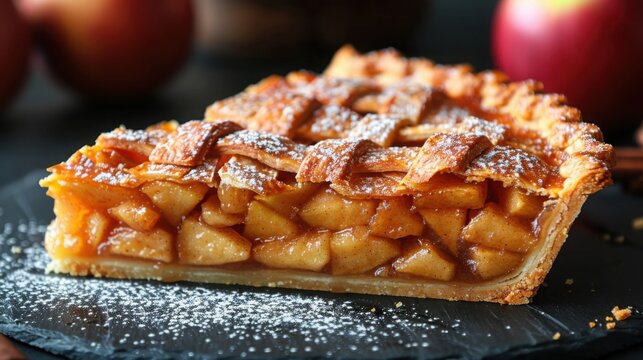 A slice of apple pie with lattice crust and powdered sugar - Powered by Adobe