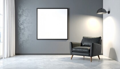Modern minimalist living room interior with black leather armchair and blank square artwork.