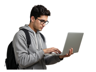 Young student wearing glasses and a hoodie with a backpack using a laptop isolated on transparent background