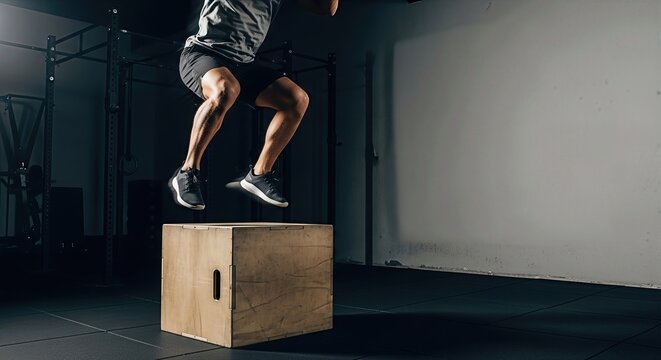 Man Jumping on Box in Gym. Ai generation