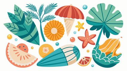 Obraz premium Vector art of a vibrant collection of beach and tropical elements, perfect for summer vacation and holiday designs