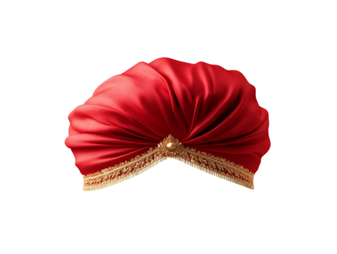 Luxurious red turban with gold embellishments and elegant draping - Powered by Adobe