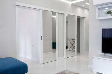 A stylish and contemporary modern living room featuring mirrored sliding doors