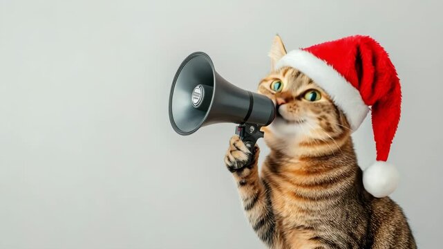 Funny tabby cat wearing santa claus hat shouting into megaphone announcing christmas discounts and sales