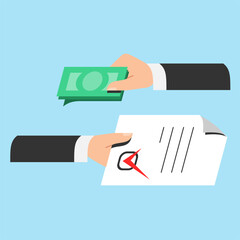 Corruption and bribes, Composition with a hand giving monetary bribe and second hand signing official documents with a seal. Offer