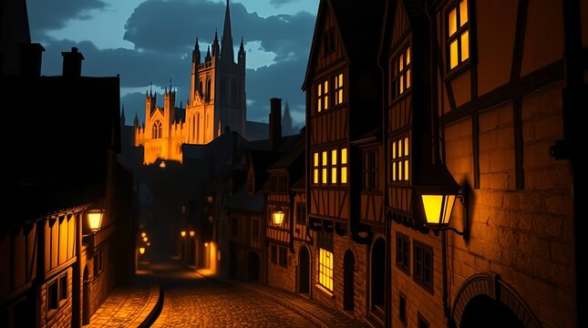 Enchanting medieval town at night with glowing lights illuminating cobblestone streets and historic buildings