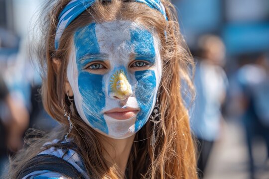 A vibrant portrait of an Argentinian fan proudly displaying the country's colors on her face