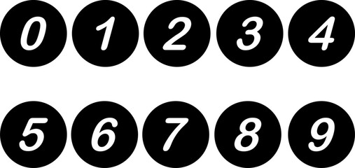 Stylish script number set 0–9 inside bold black circles in vector EPS format. Perfect for labels, stickers, calendars, posters, creative typography, infographic design, and modern decorative projects.