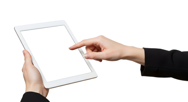 Woman using digital tablet with finger touching blank white screen