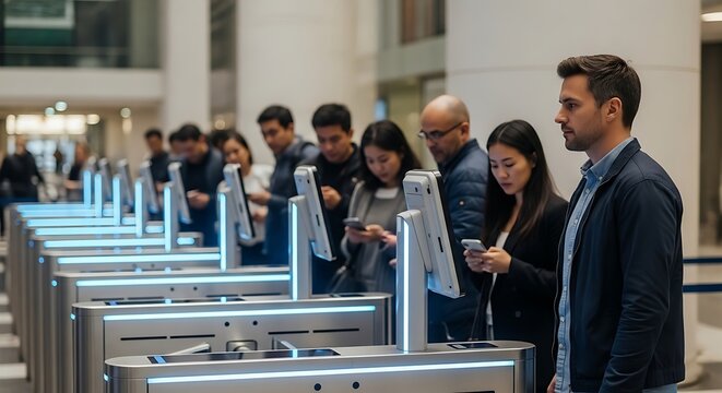 Modern urban commuters using automated access gates. - Powered by Adobe