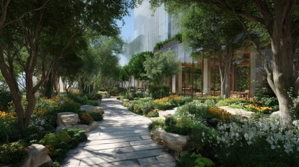 Serene Urban Garden Pathway Surrounded by Lush Greenery and Vibrant Flowers in Modern Landscape Design