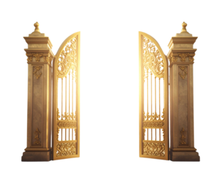 Golden Heaven Gates with Radiant Clouds and Sunlight Beams, Front View,