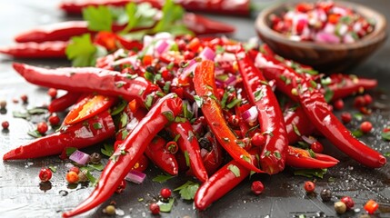 Arrangement of vibrant peppers with herbs and seasonings