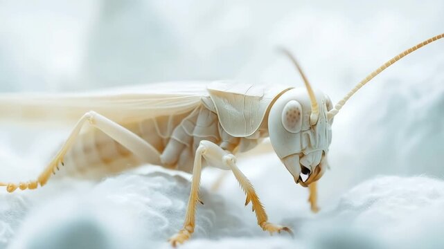 Close-up of a white cave cricket exploring a soft cotton wool environment