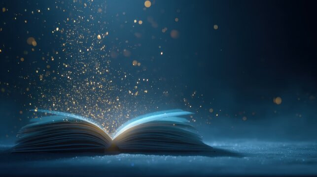 Magical Open Book with Glowing Particles Emerging in Soft Light Against Dark Background