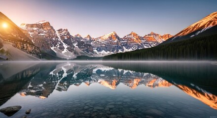 Sunrise Serenity:  Moraine Lake's Mirror Reflection of Canadian Rockies