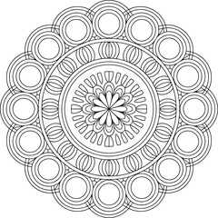 Circular Geometric Pattern Coloring Page Design with Floral Center and Ringed Circles