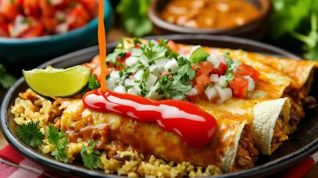 Close-up of chicken enchiladas covered with sauce, pico de gallo, rice and lime wedge, served on a plate