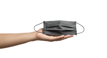 Holding gray face mask offering protection on a Transparent Background