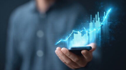 Abstract digital display of an increasing graph with an upwards arrow, presented on a dark futuristic background