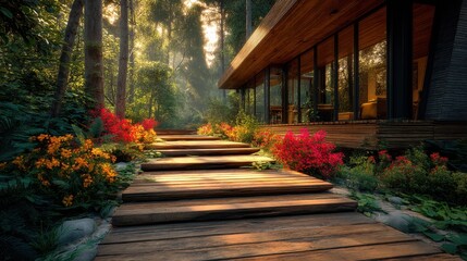 Obraz premium Tranquil Pathway Leading to Modern Cabin Surrounded by Lush Greenery and Vibrant Flowers in Serene Nature Setting