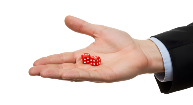 Holding Two Red Dice in Palm against Transparent Background