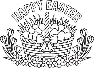 Floral Basket with Eggs Illustration in Black and White Outline Style with Tulips