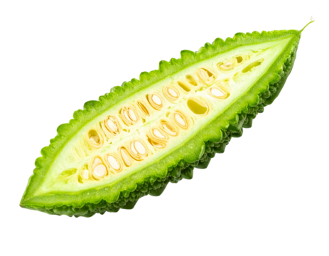  Bitter Melon Cut in Half Showing Pale Green Flesh and Seeds, Close-Up, Isolated PNG