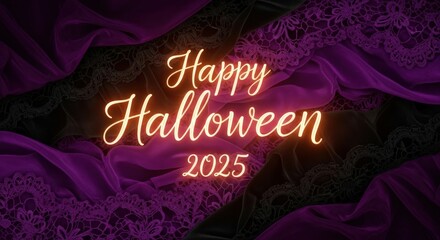 Happy Halloween 2025 glowing neon text against elegant velvet fabric background