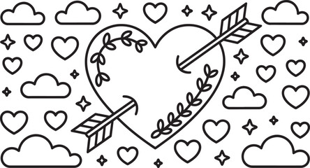 Obraz premium Heart with Arrow Clouds and Stars Coloring Page Design for Creative Art Projects