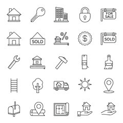 Real estate and home improvement line icons;  symbols for buying, selling, and renovating houses.