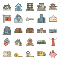 Collection of colorful icons depicting various residential and commercial properties, real estate symbols, and transportation.