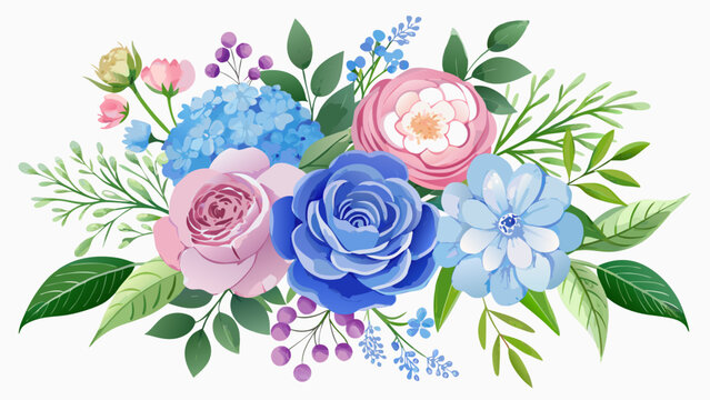 Vector art of beautiful floral bouquet with roses, hydrangeas, and leaves for wedding or decoration purposes