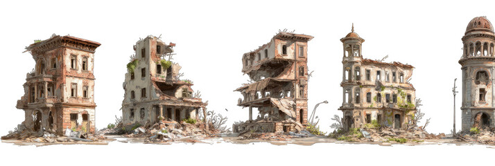 Ruined city buildings after a disaster
